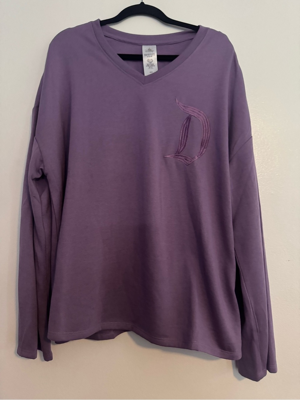 Disney Lavender V-Neck Long Sleeve Top with Embroidered Letter